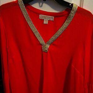 Michael Kors Red Blouse with Gold Embellished V-Neck